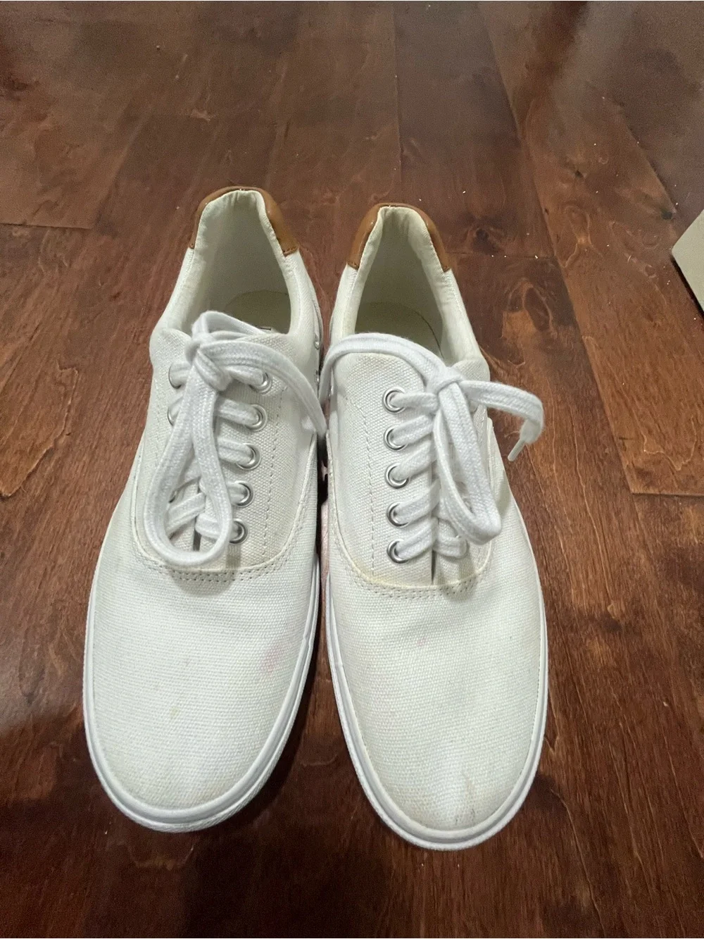 J. Crew White Canvas Sneakers with Tan Heel Accent